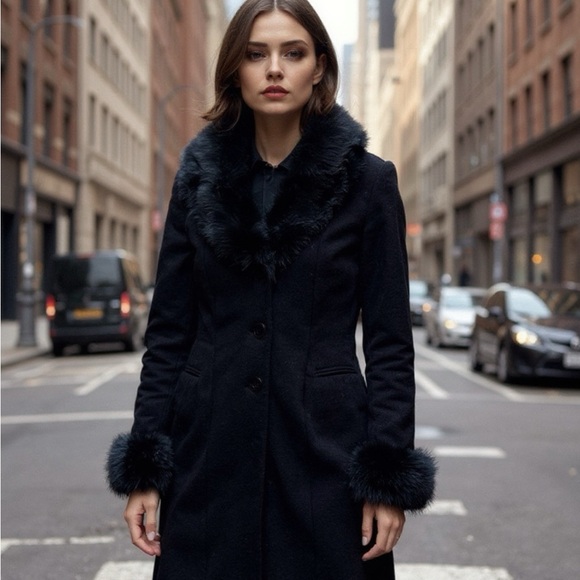 Vintage 1990s  Black Long Duster Coat with Faux Fur Trim - Picture 1 of 9